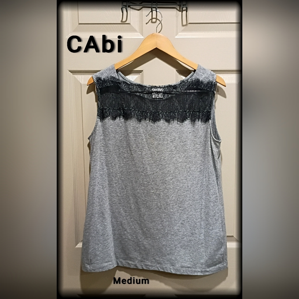 CAbi Womens Zadie Lacey Tee Top Medium Gray Black Lace Sleeveless Casual #3815